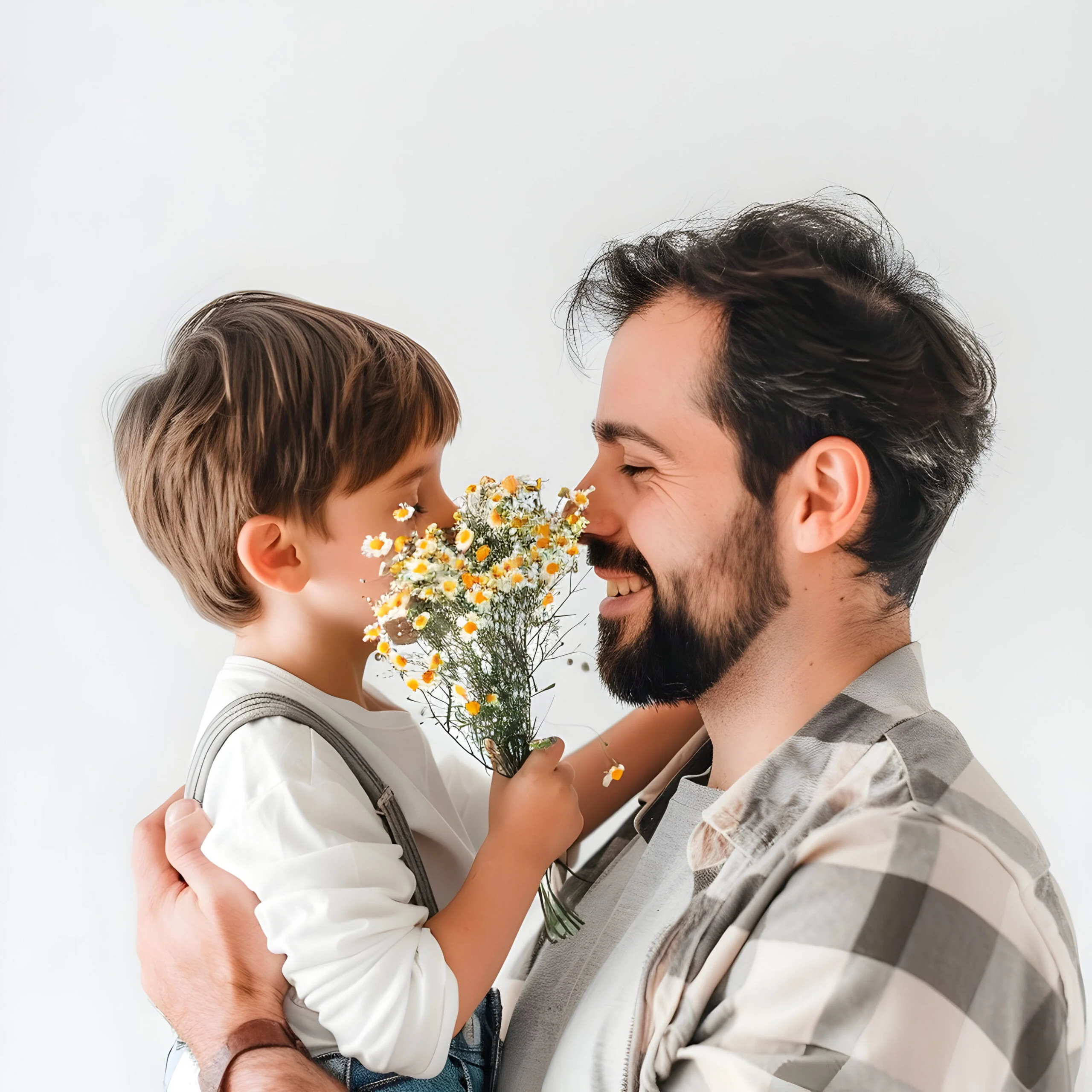 Happy father day son give flowers to father and celebrate fathers day